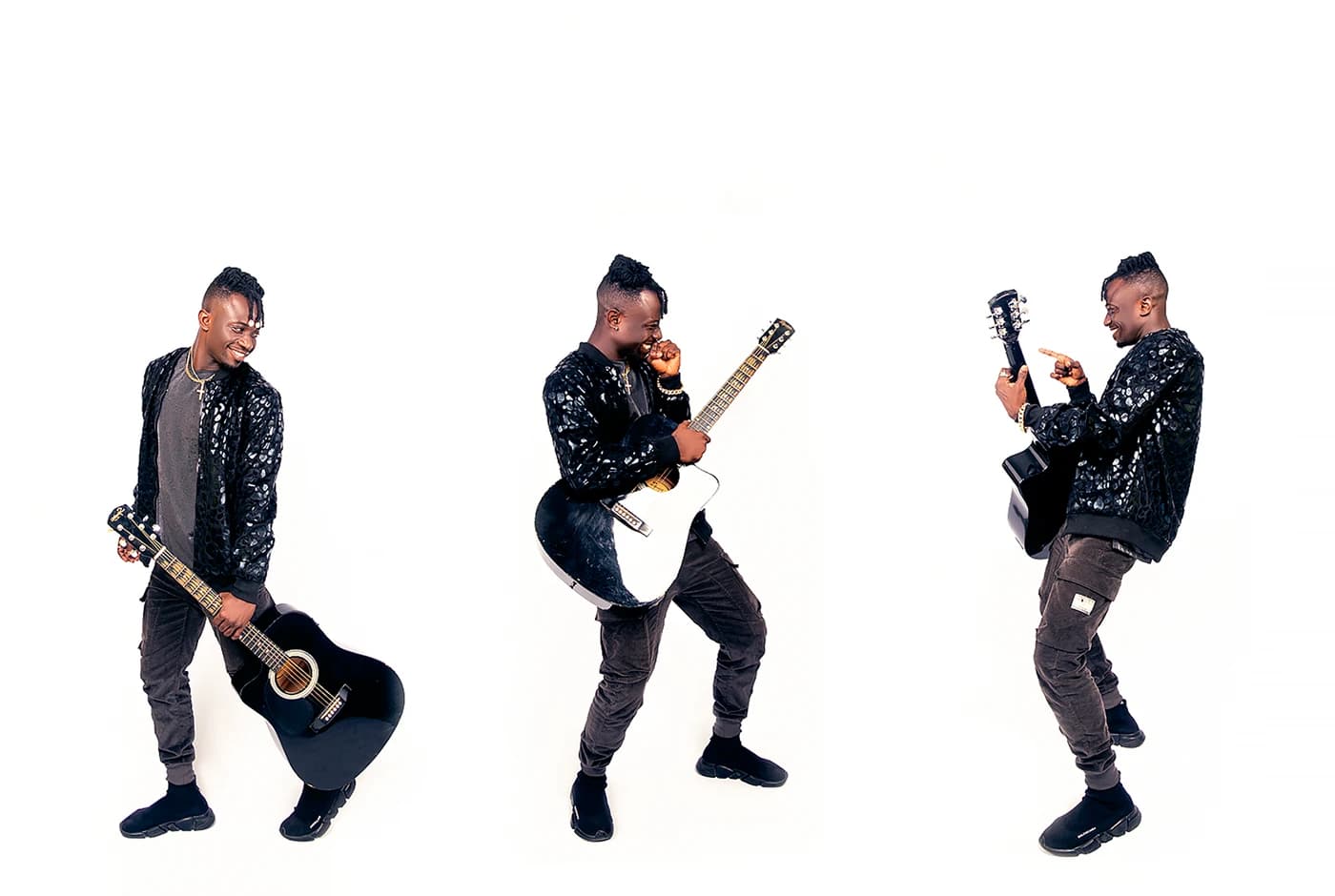 Three poses with an acoustic guitar composited side by side on white