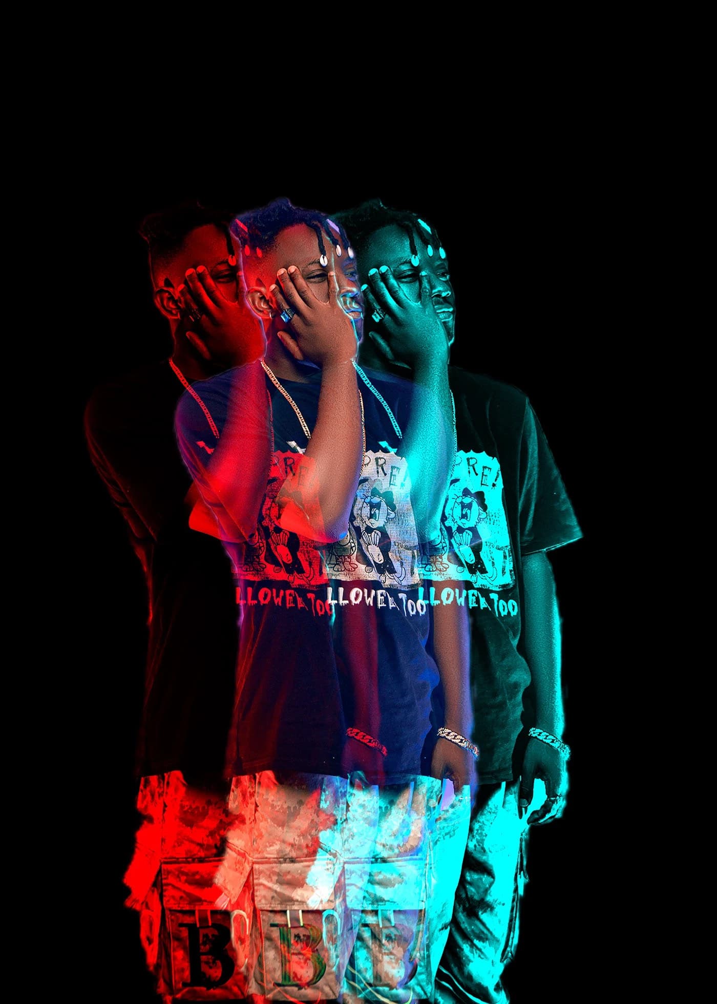 Triple-exposure frame on black, the artist repeated across the image in red and cyan gel light
