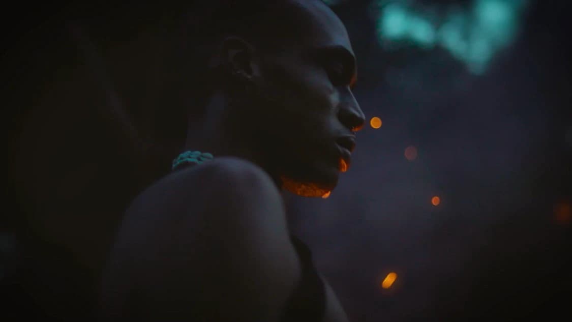 Profile lit only by embers, sparks crossing the dark